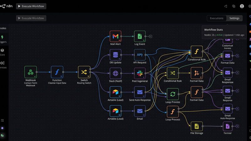 An n8n automation workflow routing form submissions to email, Slack, Airtable and a database